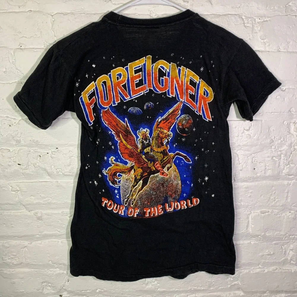 Vintage 70s‎ Foreigner Tour Of The World Band T Shirt Tee Black Small SS RARE - Picture 2 of 4
